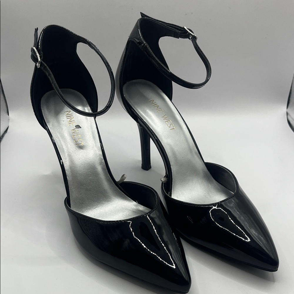 Nine West Glossy Black Ankle Strap Heels